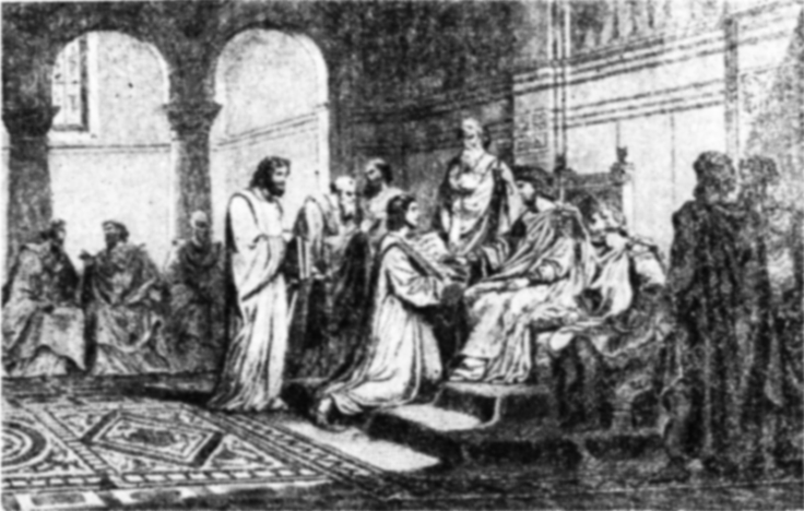 Константин Философ показывает созданную им славянскую азбуку императору Михаилу (старинная гравюра).