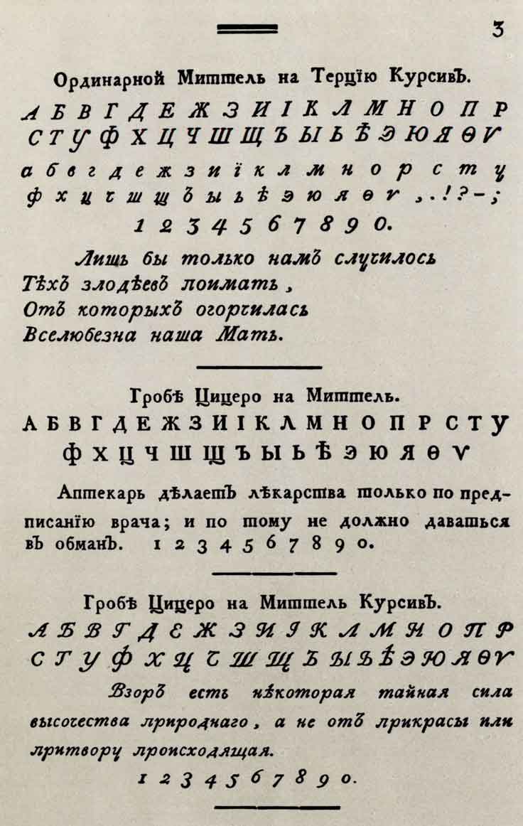 Образцы литер из книги «Показание...» Спб., 1788