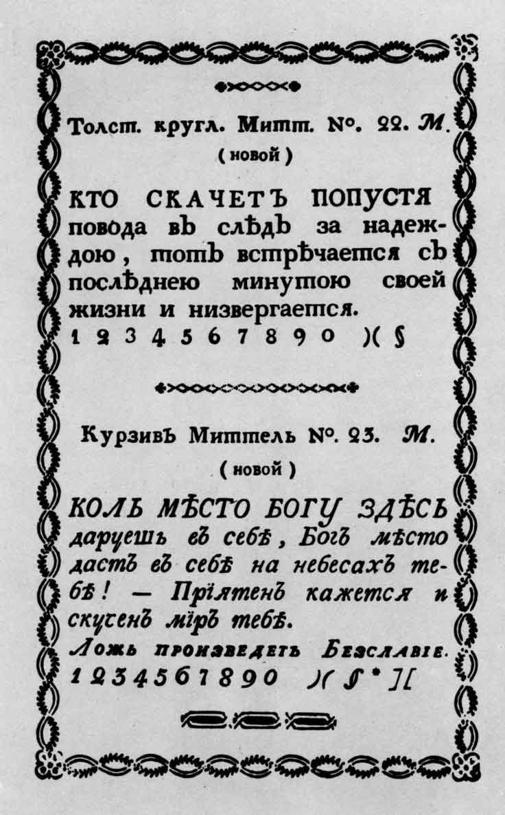 Страница книги «Образцы литер, находящихся в типографии Московского университета». М., 1796